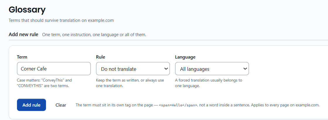 The Glossary page for example.com with the Add new rule form: the term Corner Cafe, the rule Do not translate and All languages