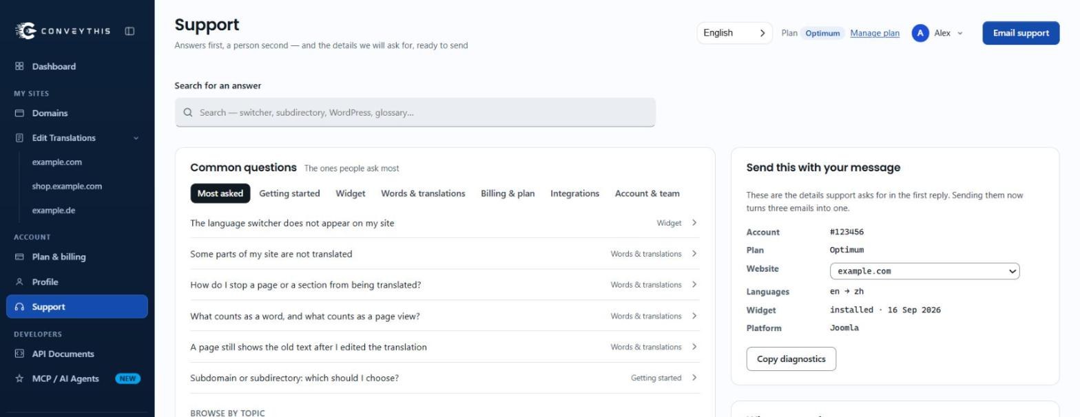 The new Support page with a search box, common questions grouped by topic, and a panel listing account, plan, website and widget details with a Copy diagnostics button