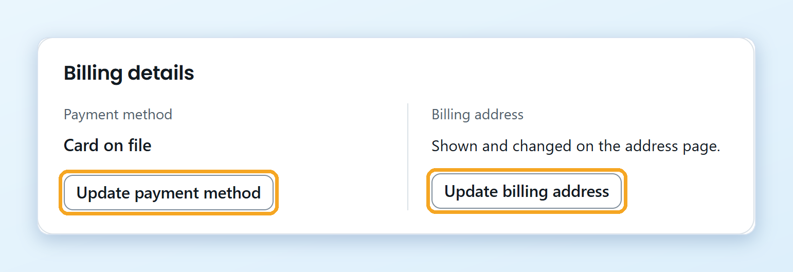 Billing details The Billing details section with the payment method, the Update payment method button and the Update billing address button