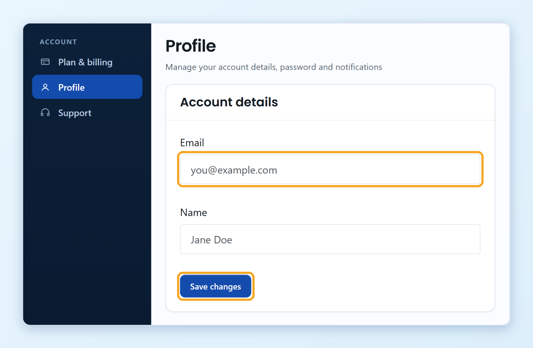 Account details The Account details section on the Profile page with the Email and Name fields and the Save changes button