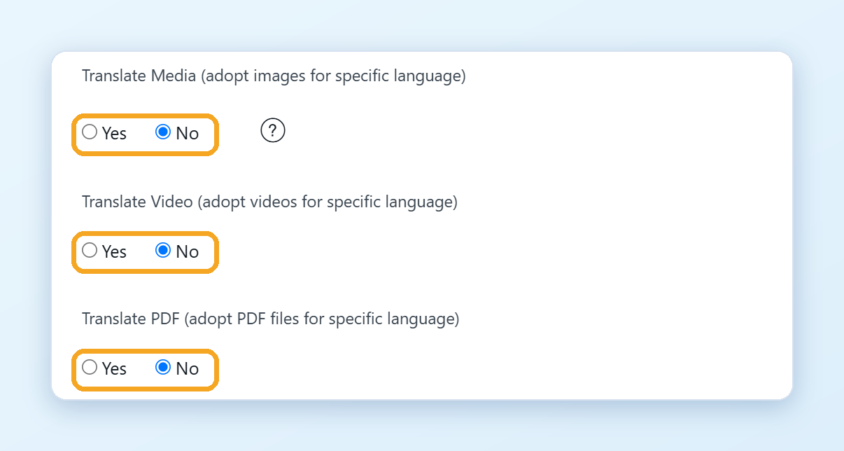 Translate Media, Translate Video and Translate PDF in Settings > Advanced