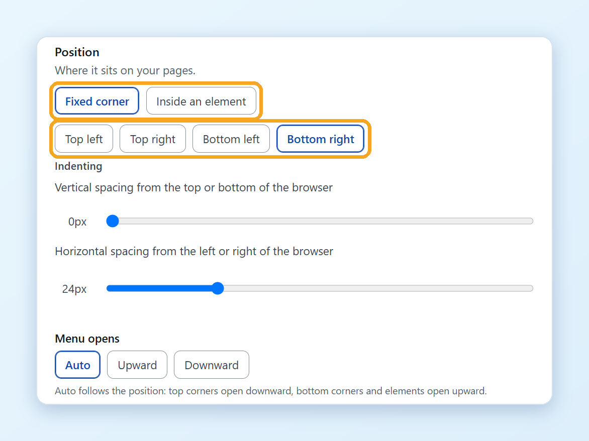 Position in Switcher appearance: Fixed corner or Inside an element, the four corners and Indenting
