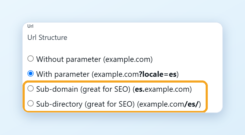 The Url section in Advanced settings: Without parameter, With parameter, Sub-domain and Sub-directory