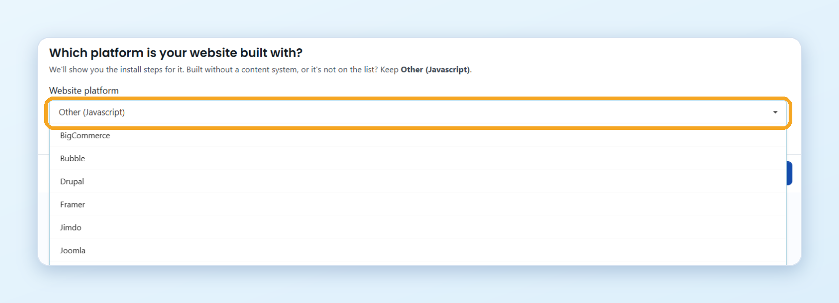 Step 1 of Add a website: Which platform is your website built with?, with the Website platform list