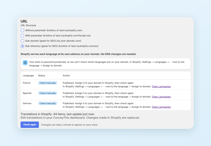 The ConveyThis Shopify app with Sub-directory selected, showing the language table and the count of translations in Shopify