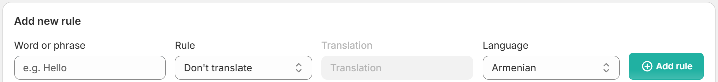 The Glossary page of the ConveyThis app in Shopify with the Add new rule form: Word or phrase, Rule, Translation, Language and the Add rule button