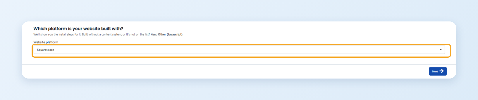 Step 1 of Add a website in ConveyThis: Which platform is your website built with?, with Squarespace selected as the Website platform
