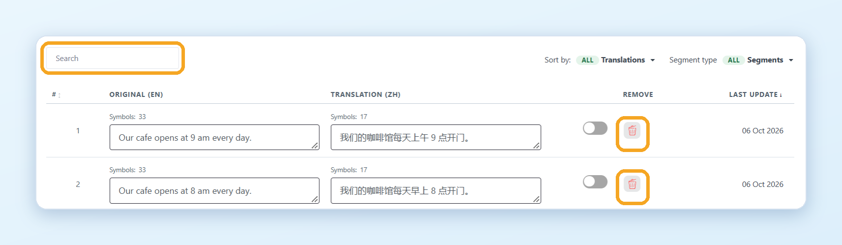 The Text Editor with the Search box and the trash icons in the Remove column