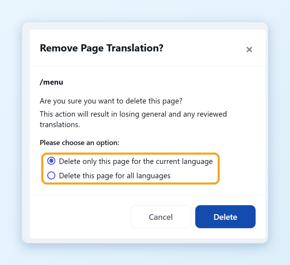Delete only this page for the current language or for all languages