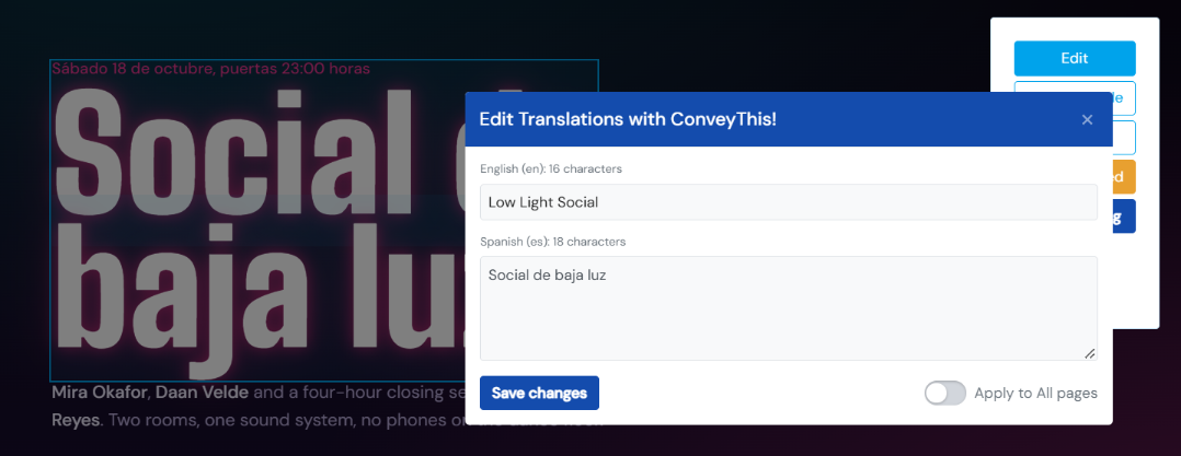 The Visual Editor's Edit Translations box with the English original Low Light Social, the Spanish translation Social de baja luz and the Save changes button