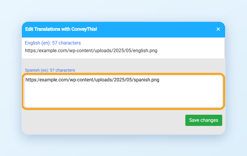 The Edit Translations window with the original image address and the field for the translated one