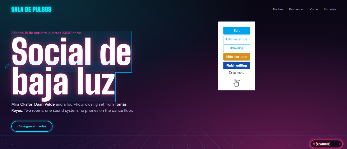The Visual Editor showing a Spanish page with a highlighted headline and the toolbar with Edit, Edit meta title, Browsing, Hide excluded and Finish editing buttons