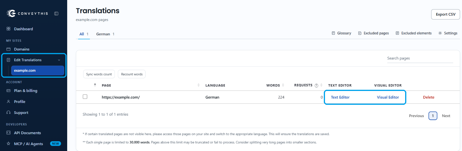 The Translations page for example.com, opened from Edit Translations and example.com in the left menu. The Text Editor and Visual Editor links in the page's row are highlighted