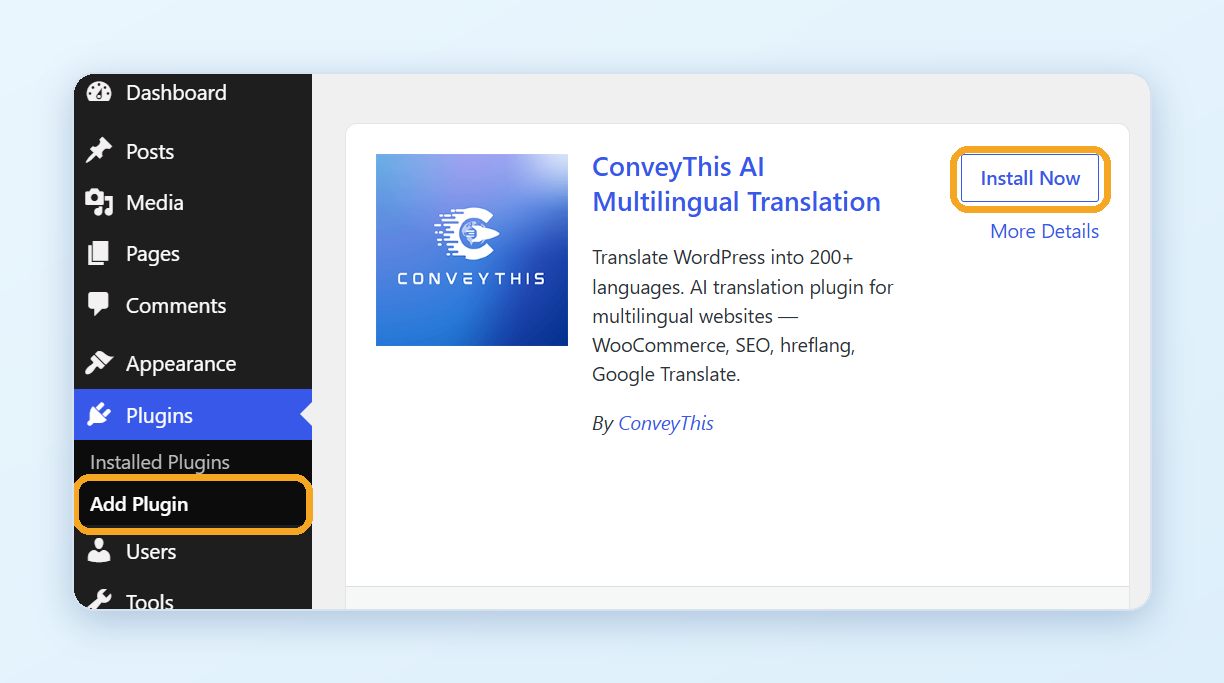 Add Plugins in WordPress: search for conveythis and click Install Now
