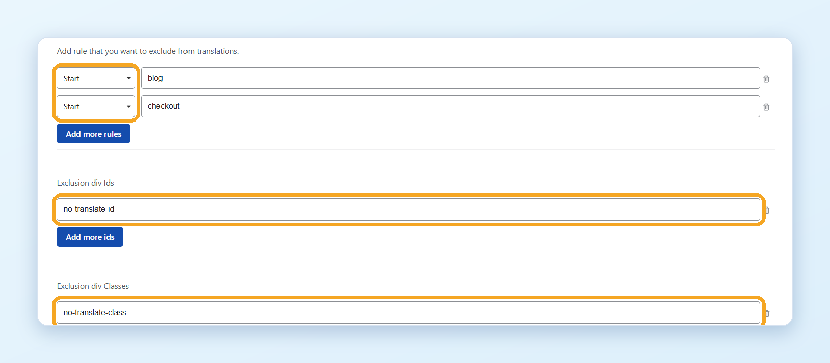 The Excluded Pages tab: rules with Start and Contain, Exclusion div Ids and Exclusion div Classes