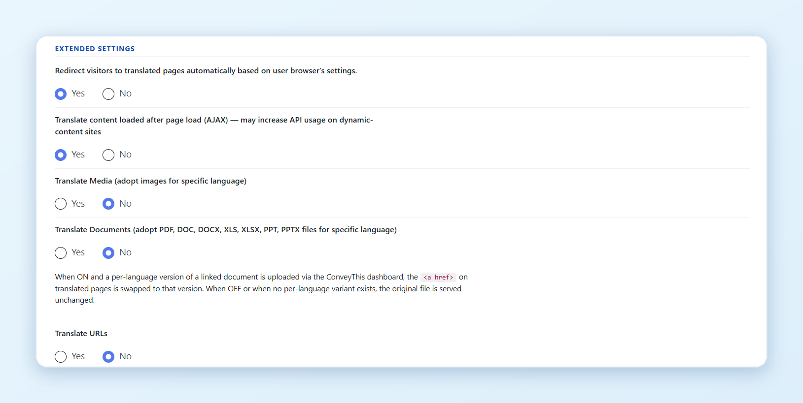 Extended settings in the WordPress plugin: Redirect visitors to translated pages automatically