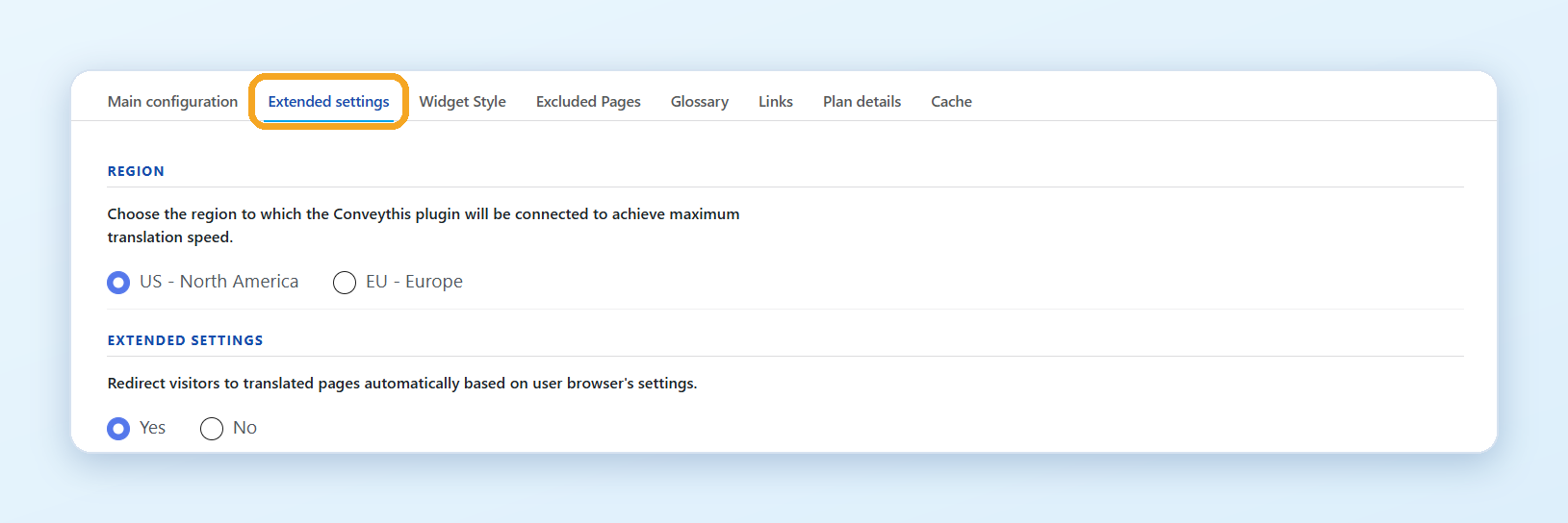 The ConveyThis plugin tabs with Extended settings open: Region and the first options