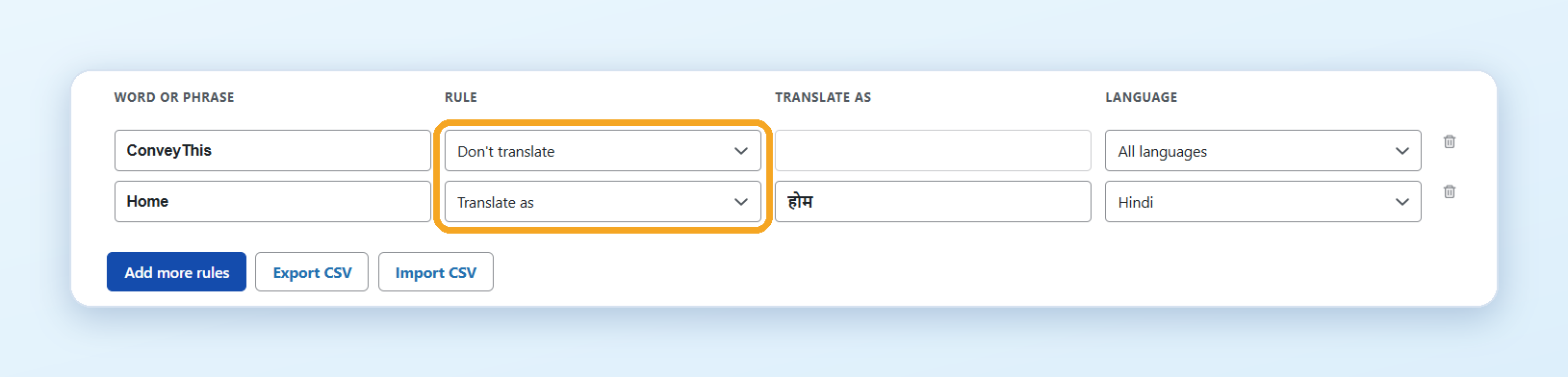 The Glossary tab: a Don't translate rule and a Translate as rule for one language
