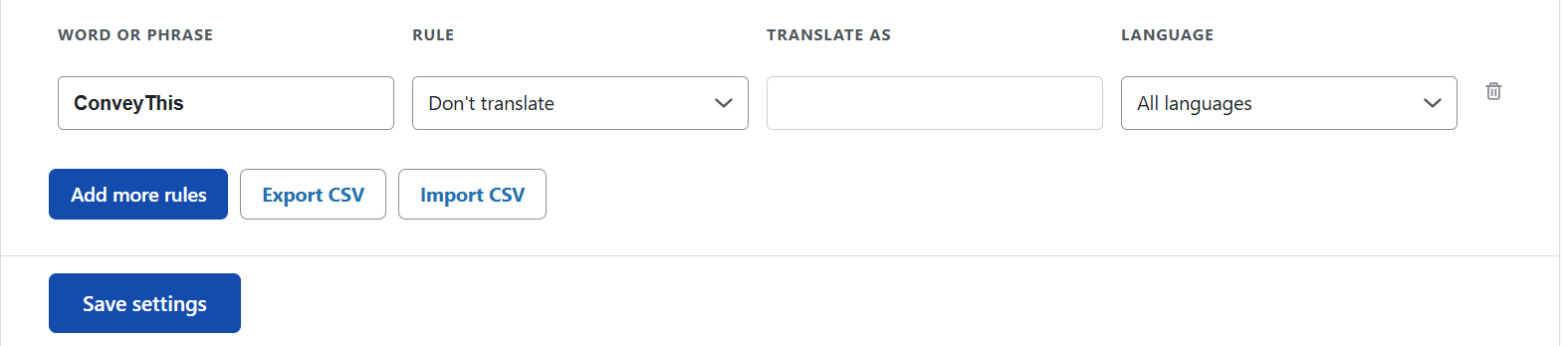 The Glossary tab of the ConveyThis plugin in WordPress with one rule row: ConveyThis, Don't translate, All languages, and the Add more rules, Export CSV, Import CSV and Save settings buttons