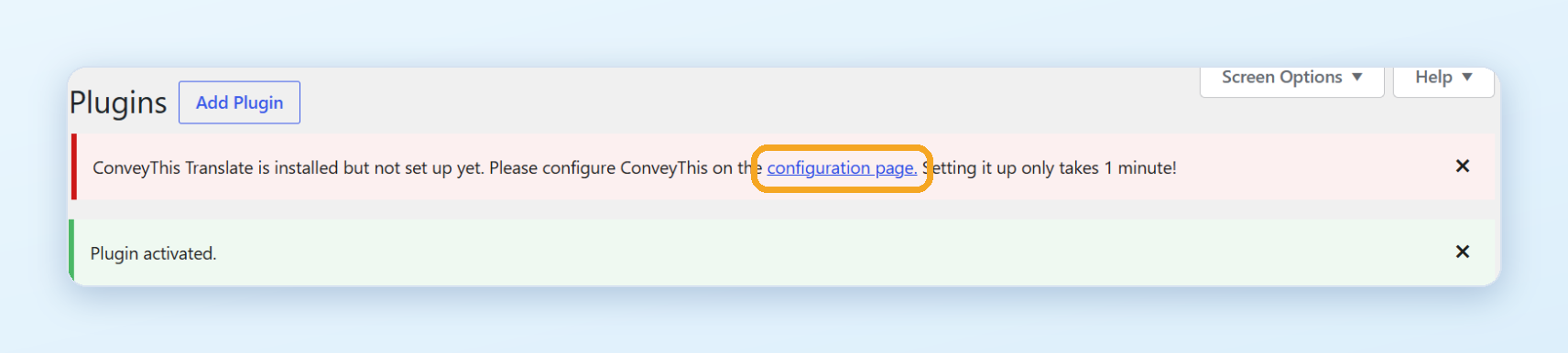 Plugin activated, with the note that ConveyThis is installed but not set up yet