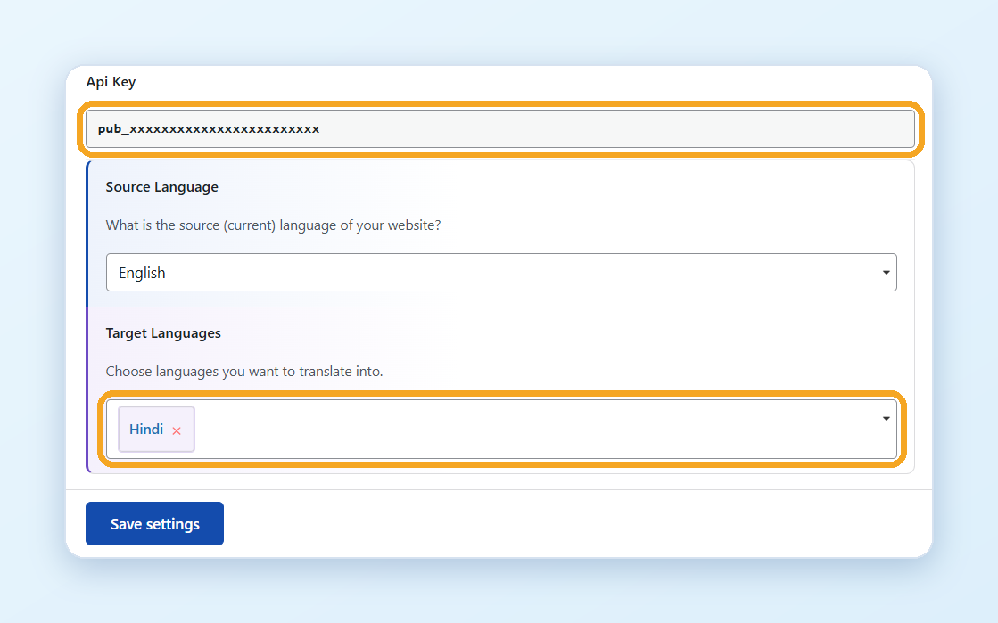 The Main configuration tab: Api Key, Source Language and Target Languages