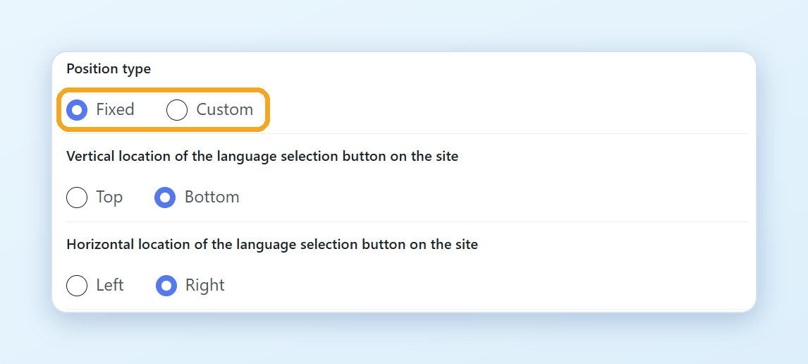 Position type in the WordPress plugin: Fixed or Custom, with Top or Bottom and Left or Right