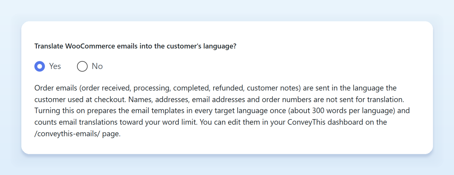 The Translate WooCommerce emails setting on the Extended settings tab